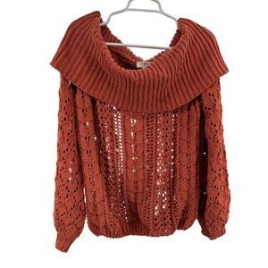 Umgee Rust Cowl Neck Sweater open knit fall casual neutral L chenille waist crop